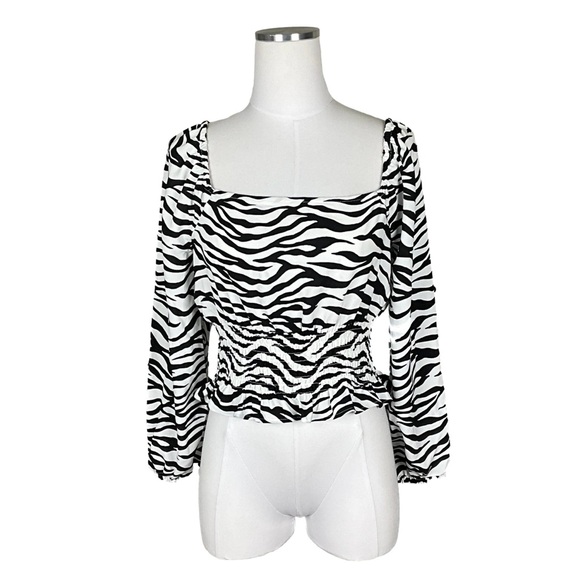 BCBGeneration Zebra Print Smocked Waist Long Sleeve Blouse - Picture 1 of 3